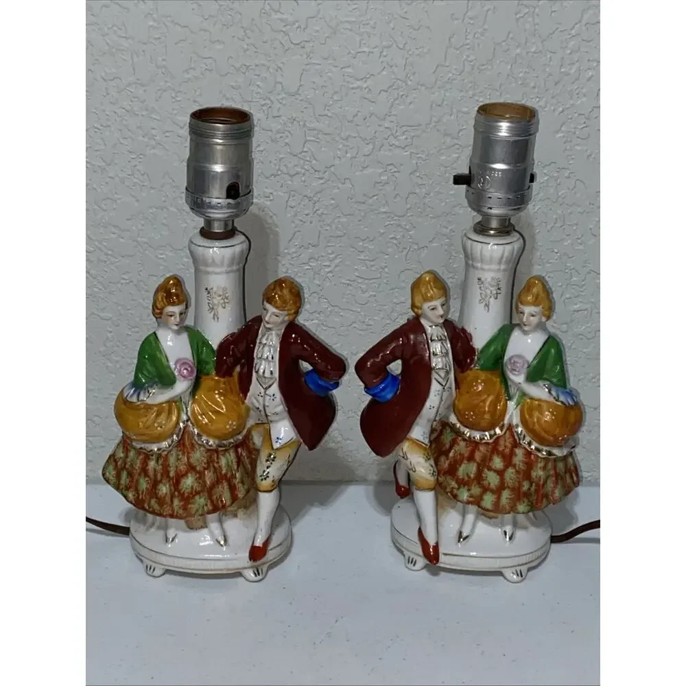 VTG Set Of 2 Made In Occupied Japan Porcelain Lamps Figurines Couples Work READ